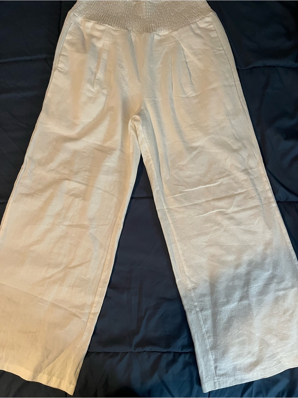 Women's white linen wide leg elastic waist pants with pockets - lined sz med